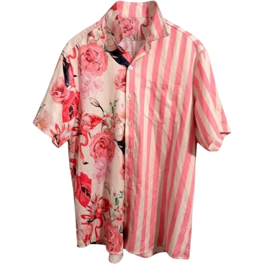 Vatpave Button Down Shirt Mens Medium Pink Floral Flamingo‎ Striped Split Design